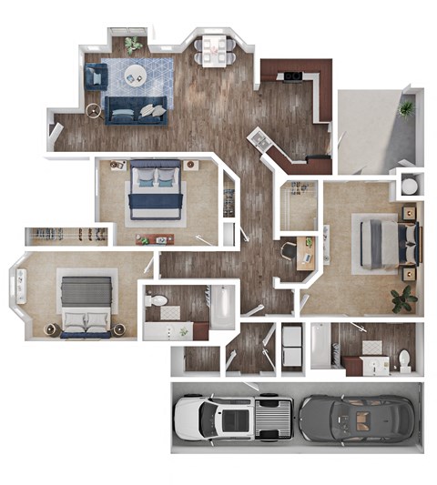 Floor plan for 3 beds, 2 baths, 1316 sqft